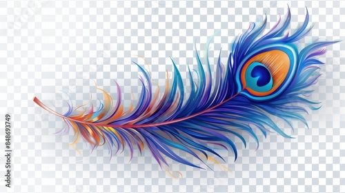 A colorful peacock feather with detailed patterns on a transparent background  photo