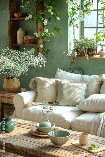 Modern cozy living room interior with natural light, rustic wooden furniture, white sofa, pillows, and green houseplants next to large windowmodern
