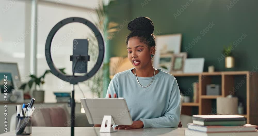 Phone, ring light and woman with live stream, tablet and content creation for social media webinar. Streamer, influencer and gen z girl with smartphone, digital app or broadcast for online talk show