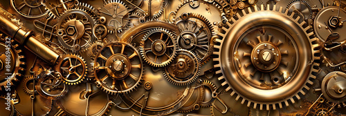 steampunk background with gears and cogs in golden tones, generative AI
