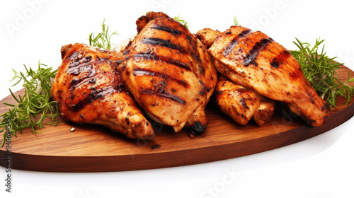 Savory grilled chicken dish served on a clean white background. photo