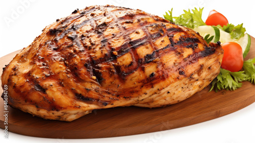 Mouthwatering grilled chicken with charred marks on a clean white background.