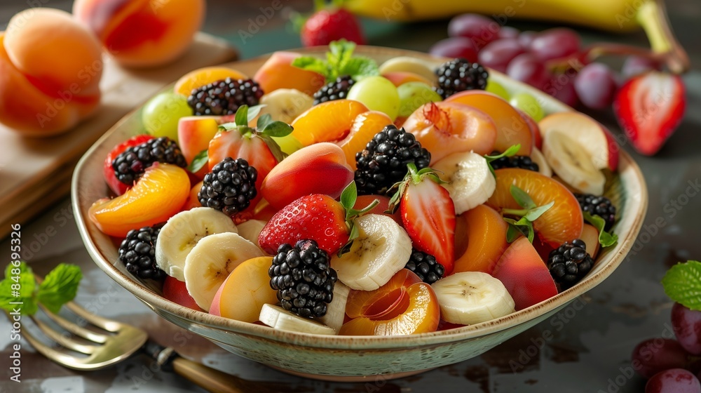 healthy mixed fruit salad (Blackberry, banana, peach, nectarine, strawberry, apple, apricot, grape, min) on a crockery bowl, a heap of summer fruits concept, healthy vitamins. organic. healthy mixed fruit salad (Blackberry, banana, peach, nectarine, strawberry, apple, apricot, grape, min) on a crockery bowl, a heap of summer fruits concept, healthy vitamins. organic.