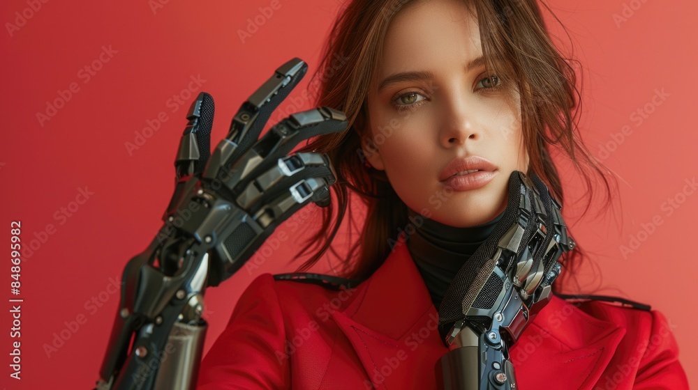 Obraz premium Woman with prosthetic hand wearing a red leather jacket