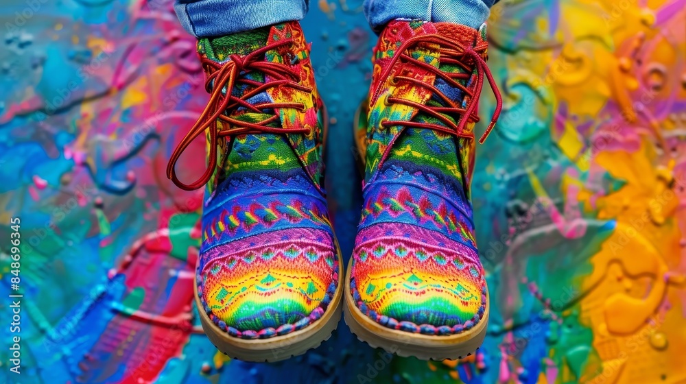 Colorful rainbow shoes in a close-up shot, with legs, intricate patterns and vivid hues, creating a striking and eye-catching composition Colorful rainbow shoes in a close-up shot, with legs, intricate patterns and vivid hues, creating a striking and eye-catching composition