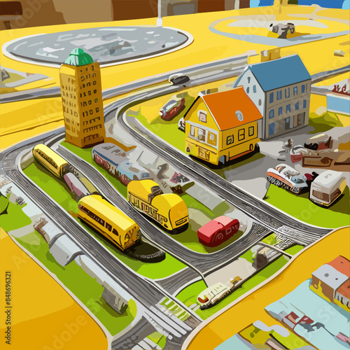 Isometric map or scheme of city with downtown, industrial district, suburban area, paper white buildings, houses and river. Infographic design template. Modern vector illustration for navigation.