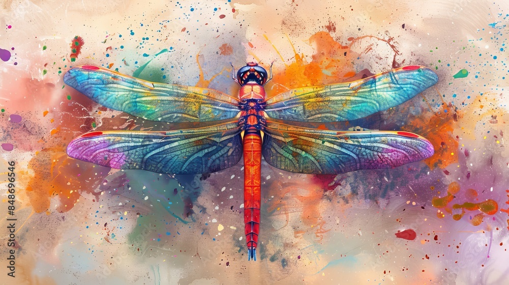 Fototapeta premium Dragonfly in bright watercolor hues, wings detailed with intricate patterns, set on a dynamic splattered paint background, showcasing nature insect art