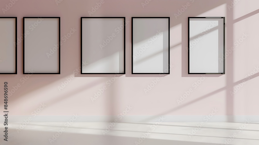 A minimalist study with a pale pink wall, featuring four empty black frames in a square formation. A minimalist study with a pale pink wall, featuring four empty black frames in a square formation.