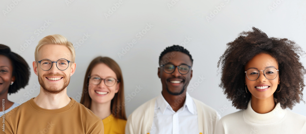 Obraz premium A diverse group of colleagues smiling and standing together, showcasing unity and teamwork.
