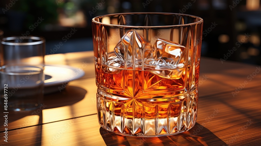 A crystal glass of whiskey with ice stands on a wooden table in a cafe. Leisure theme. A crystal glass of whiskey with ice stands on a wooden table in a cafe. Leisure theme.