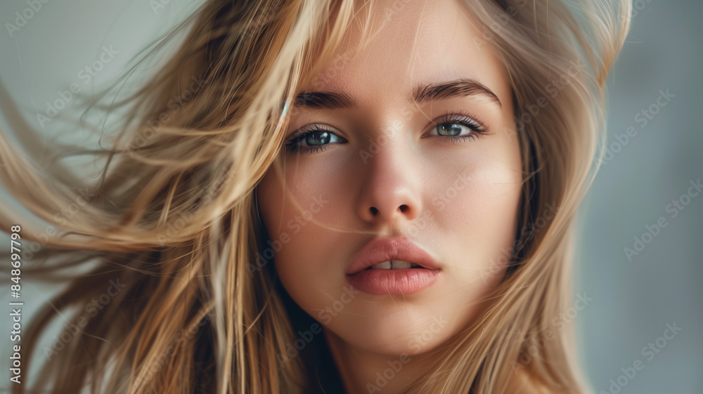 Naklejka premium Close-up of a woman with windblown blonde hair, looking directly at the camera.