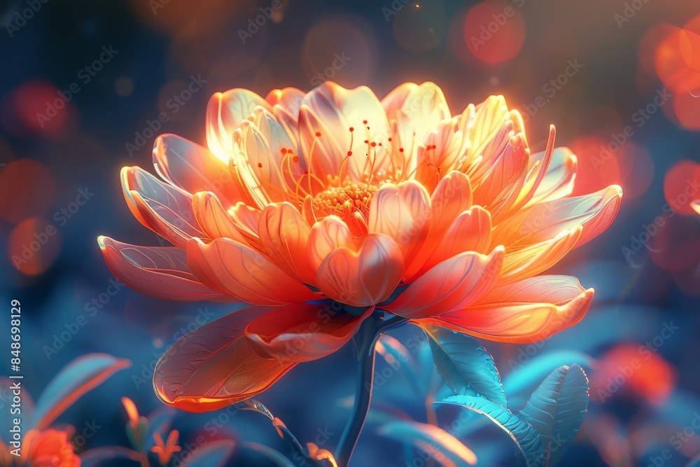 Vibrant glowing flower in dreamy bokeh light, showcasing illuminated delicate petals in an ethereal and magical garden sceneFlower Vibrant glowing flower in dreamy bokeh light, showcasing illuminated delicate petals in an ethereal and magical garden sceneFlower