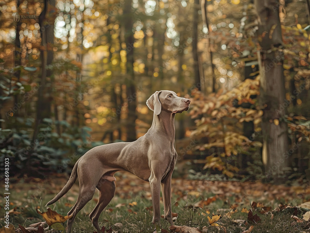 Side profile of alert Weimaraner in forest, dense trees, fallen leaves, soft morning shadows. Side profile of alert Weimaraner in forest, dense trees, fallen leaves, soft morning shadows.