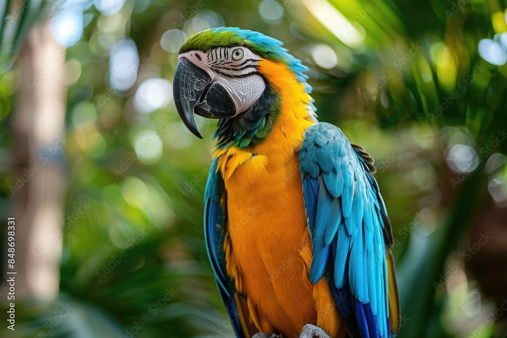 Colorful parrot perched on top of tree Colorful parrot perched on top of tree