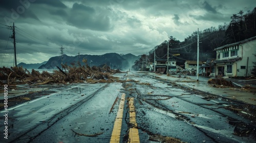 Post-tsunami destruction with a cracked road and collapsed buildings on the Pacific coast, raw and gritty scene photo