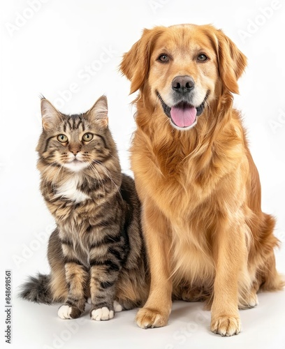 Adorable Golden Retriever and Maine Coon Cat Posing Together on White Background