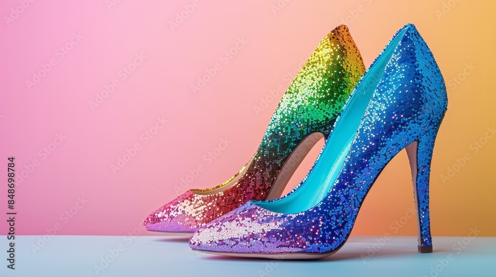 Obraz premium Pair of colorful glittery high heels, glitter overlay making them shine, displayed on a simple background, emphasizing their great colors