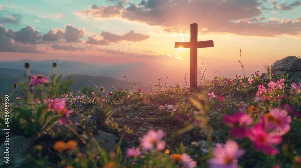 Praying wooden cross on a hill, rooted in soil, surrounded by wildflowers, with a serene dawn breaking, representing the crucifixion of Jesus Christ Praying wooden cross on a hill, rooted in soil, surrounded by wildflowers, with a serene dawn breaking, representing the crucifixion of Jesus Christ