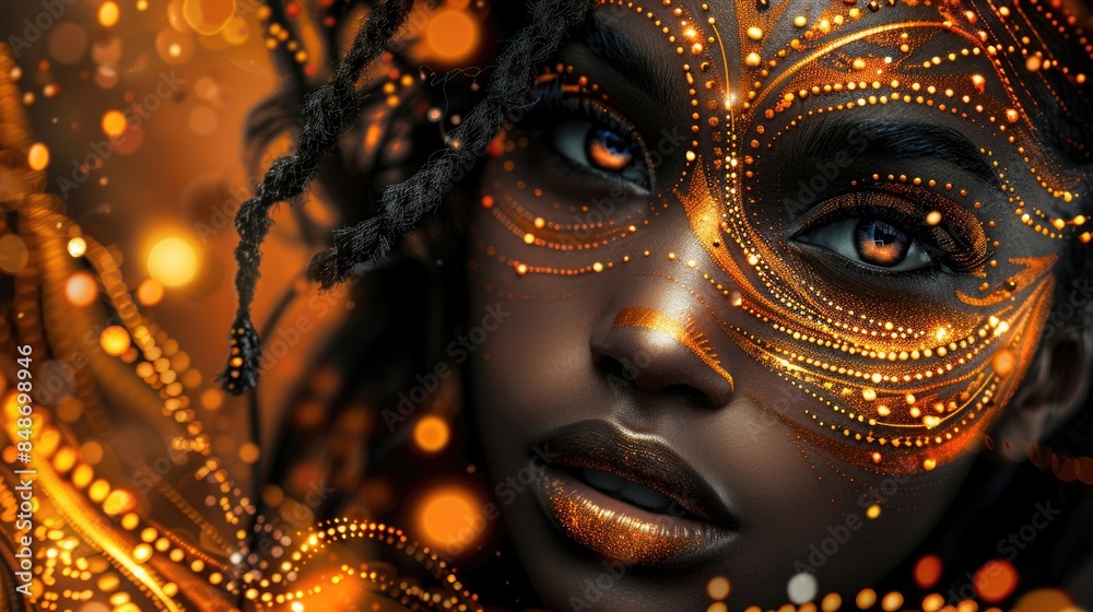 Ethereal Woman with Golden Makeup and Glowing Mask in Abstract Art Style Ethereal Woman with Golden Makeup and Glowing Mask in Abstract Art Style
