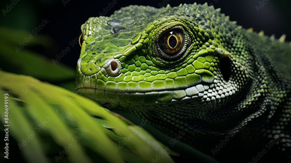Photo of a closeup of a vibrant green lizard's face Photo of a closeup of a vibrant green lizard's face
