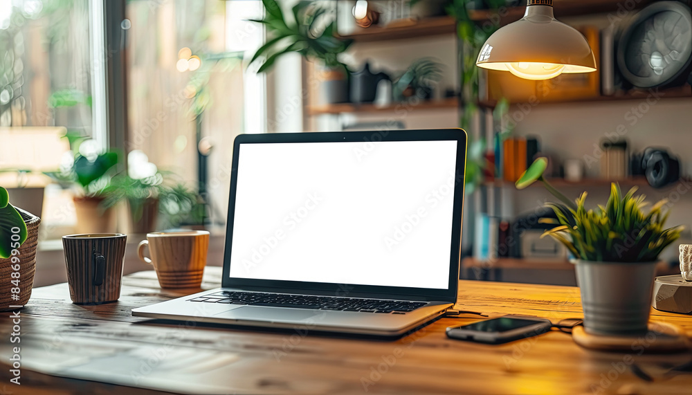 Cozy Workspace with Laptop and Plants Cozy Workspace with Laptop and Plants