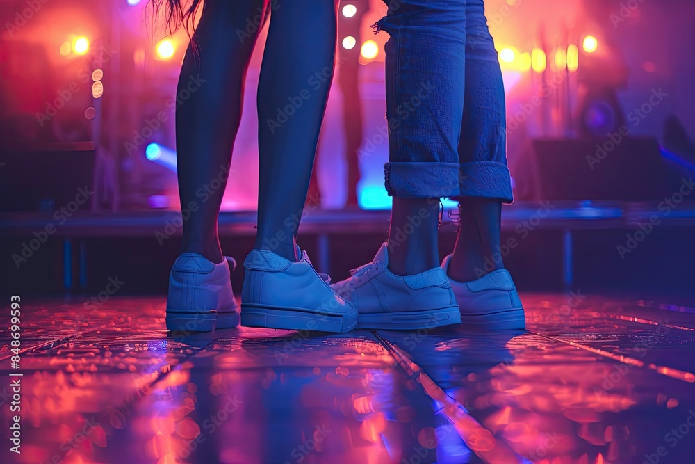Fototapeta premium Close-Up of People Wearing White Sneakers at a Vibrant Party with Neon Lights