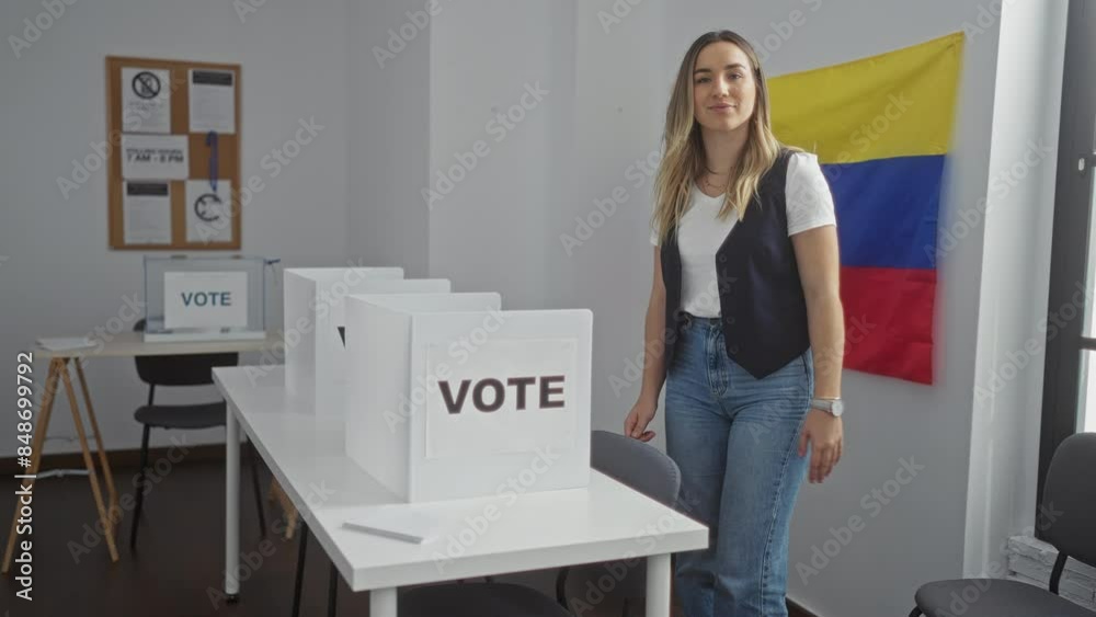 Young blonde woman in an electoral college room in venezuela, standing by a voting booth with venezuelan flag in the background. Young blonde woman in an electoral college room in venezuela, standing by a voting booth with venezuelan flag in the background.