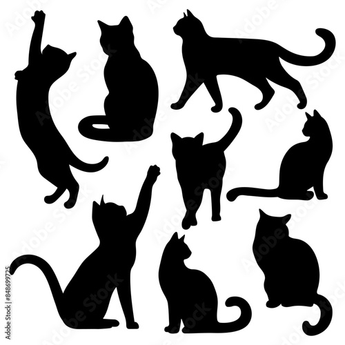 Set of black cat silhouettes. Stencil for Halloween, card, poster or other design. Black cat.