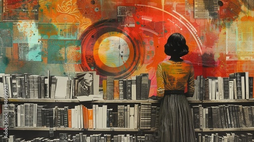 Woman Observing Abstract Art in Modern Library with Bookshelves