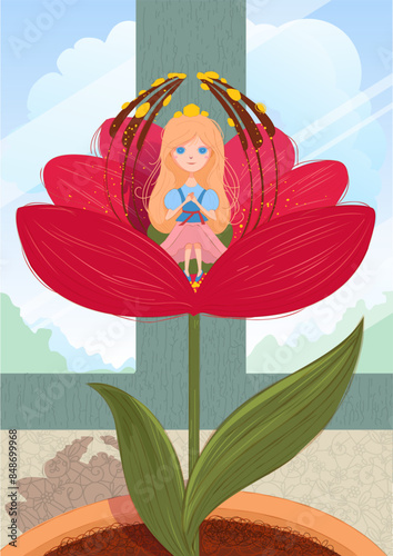 Fairy tale Thumbelina birth child little girl sit flower bud photo