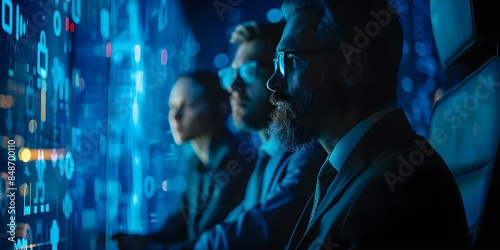 Cybersecurity team responding to and addressing a cyber threat incident. Concept Incident Response Plan, Cyber Threat Analysis, Team Collaboration, Threat Mitigation Strategies photo