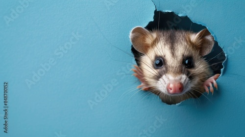 Curious possum peeking out of hole in blue wall photo