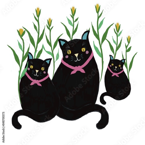 Black cat with eyes flowers drawing freehand