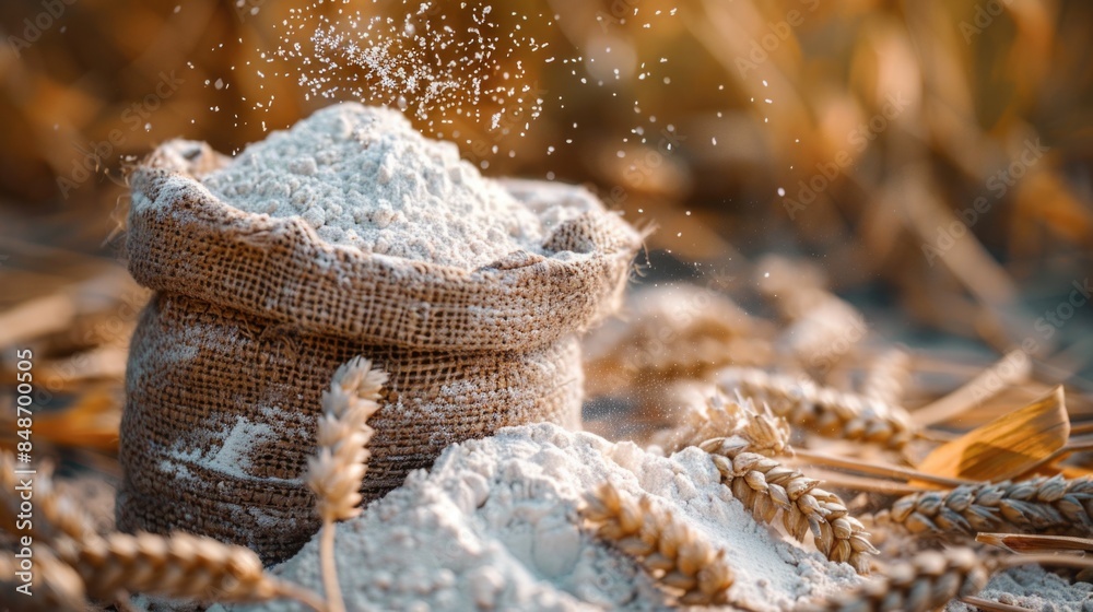 White flour sack on wheat field