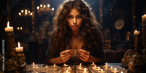 Woman sitting at table surrounded by lit candles