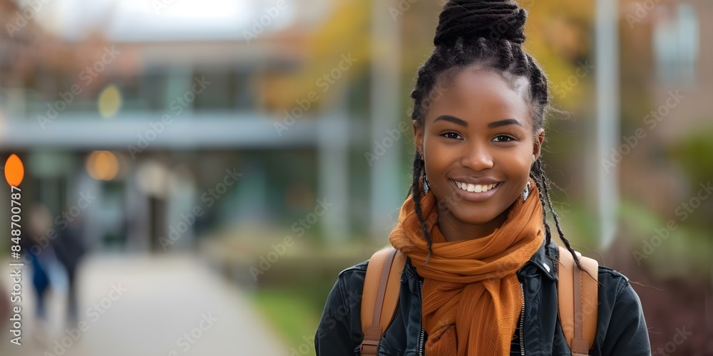 Fototapeta premium An African American Woman on a College Campus. Concept College Campus, African American Woman, Student Life, Diversity, Higher Education