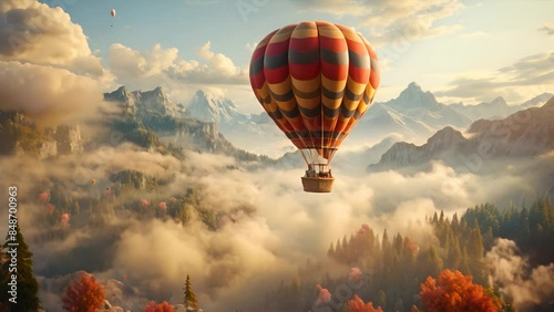 Colorful Hot Air Balloon Floating Over Countryside photo