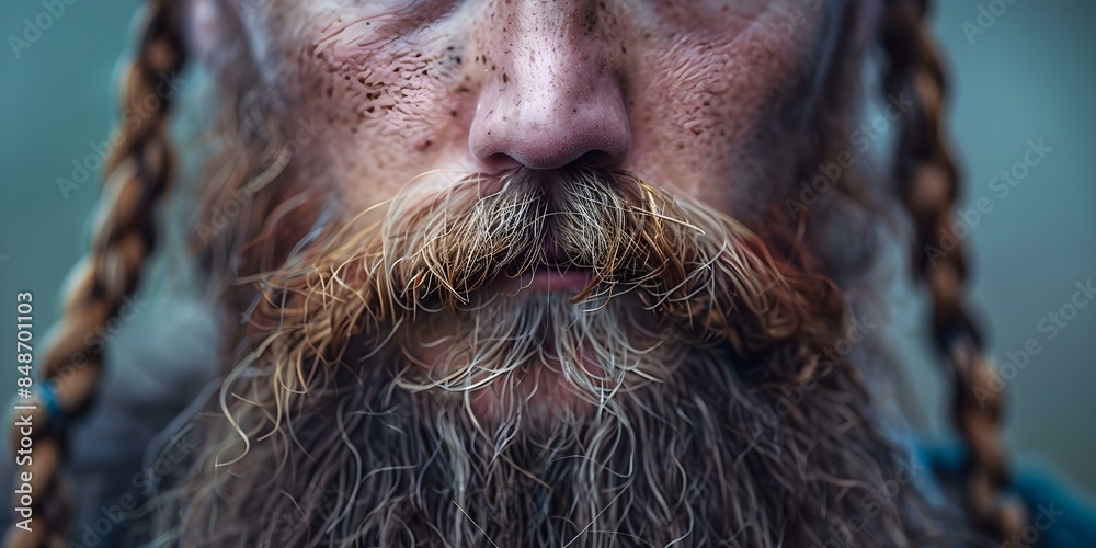 Obraz premium Embracing Viking heritage and honoring fallen ancestors with a bearded face and two long braids. Concept bearded look, braided hair, Viking heritage, fallen ancestors, tribute makeup