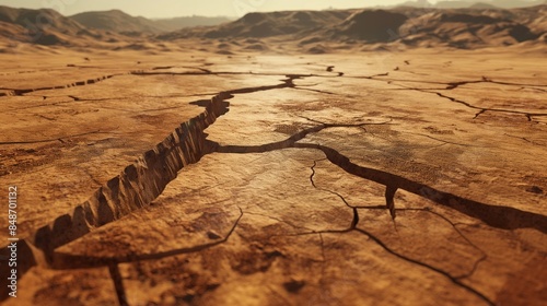 A high-definition capture of a cracked, arid desert floor, the deep fissures creating an abstract pattern across the landscape. 32k, full ultra hd, high resolution photo