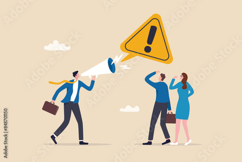 Shouting warning message, caution or alert attention, safety or danger announcement, risk or important information, beware or careful sign, businessman shouting on megaphone with exclamation sign.