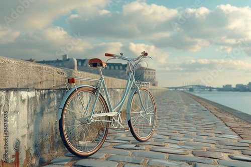 Vintage Bicycle Parked on Cobblestone Path by the Waterfront with Historic Building Background under Cloudy Sky on a Tranquil Dayvintage bicycle photo