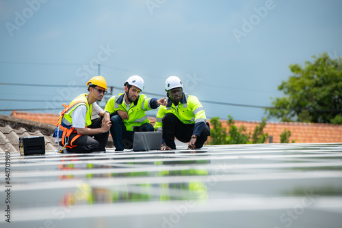 Wallpaper Mural Group of engineer and technician inspects solar panel installation and test the operation of the panel Torontodigital.ca
