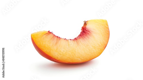 A single slice of ripe peach isolated on a pristine white background, evoking summer vibes.