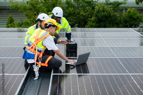 Wallpaper Mural Group of engineer and technician inspects solar panel installation and test the operation of the panel Torontodigital.ca