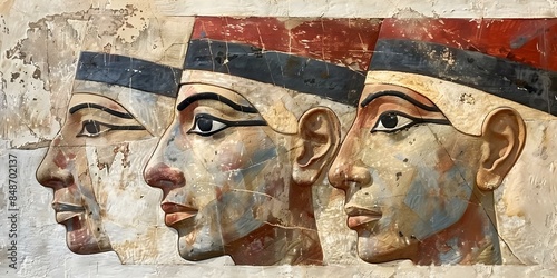 Ancient Egyptian hieroglyphs in relief depicting stylized portrait of Egyptian princes. Concept Ancient Egypt, Hieroglyphs, Relief Art, Egyptian Princes, Stylized Portraits photo