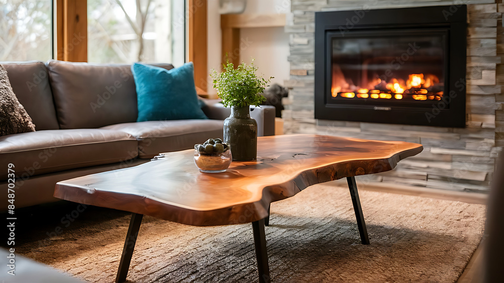 Fototapeta premium A stunning close-up of a modern living room featuring a live edge wooden coffee table. Generative AI