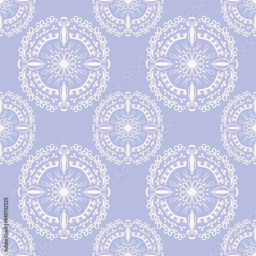 Graphic image of white lines on a pastel purple background in a vintage style, creating a seamless continuous pattern for fabric design. Gift wrapping paper, wallpaper, bedding, curtains, bags.