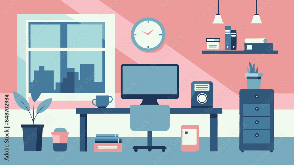 An organized office desk featuring a computer, books, a clock, and miscellaneous items. An organized office desk featuring a computer, books, a clock, and miscellaneous items.