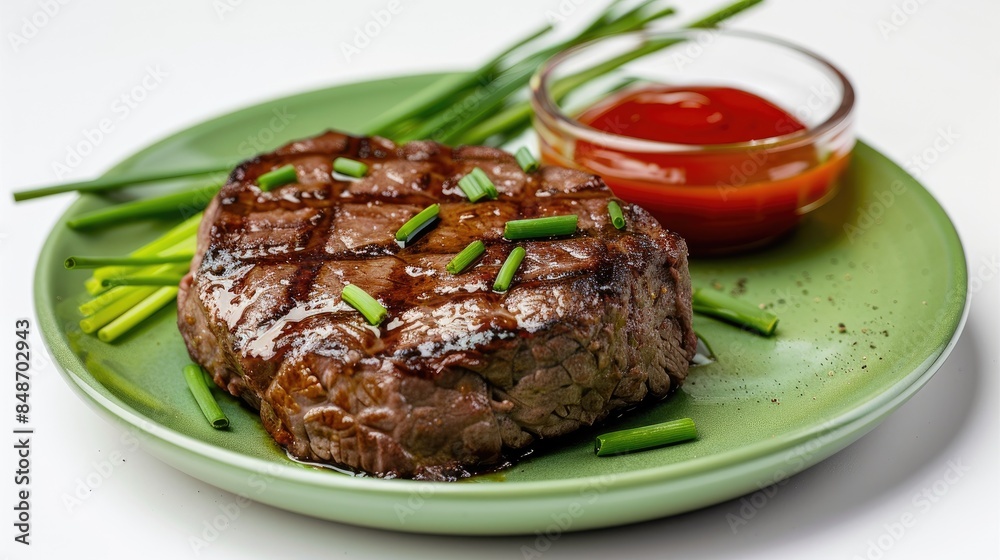 Savory grilled beef fillet mignon served on a green dish with chives and ketchup against a white backdrop Savory grilled beef fillet mignon served on a green dish with chives and ketchup against a white backdrop