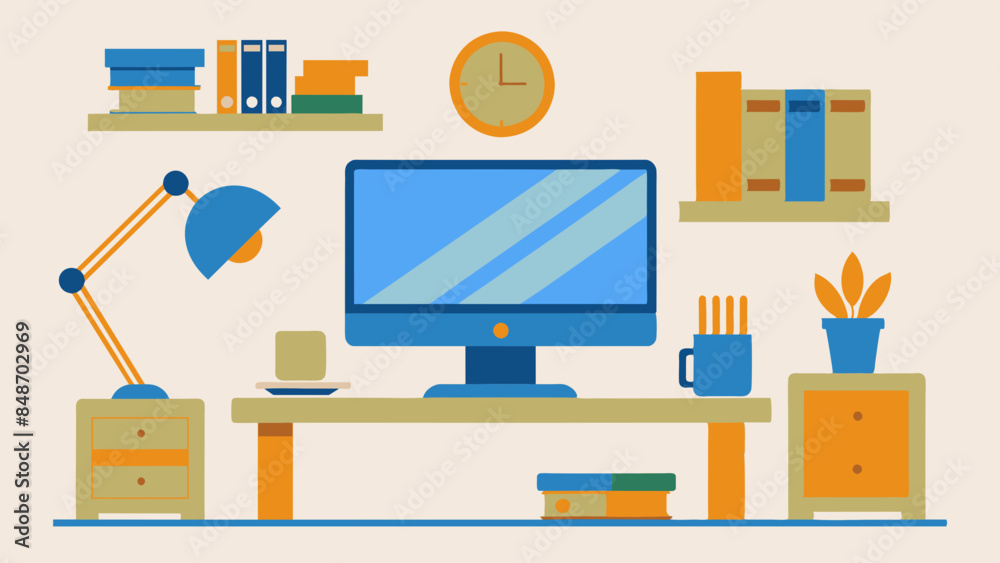 An organized office desk featuring a computer, books, a clock, and miscellaneous items. An organized office desk featuring a computer, books, a clock, and miscellaneous items.